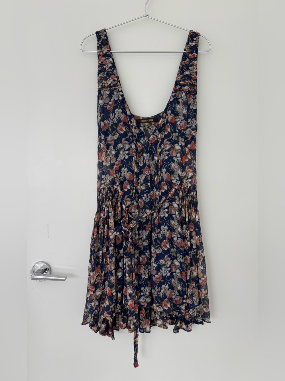 Unused Roberto Cavalli Navy Floral Tie-Waist Dress